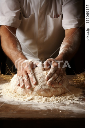 Close-up of hands kneading fresh bread dough with ample space for text Vertical Photo 111069185