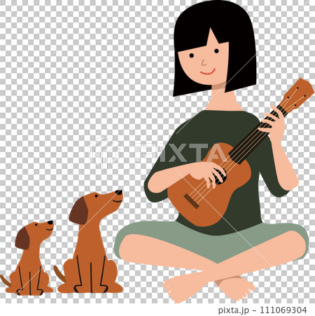 ウクレレ女子と聴いているワンコ ウクレレ女子と聴いているワンコ 111069304