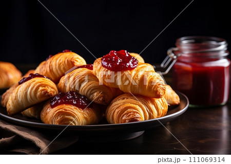Appetizing Croissants with Sweet Jam - Delicious French Breakfast Pastries with Copy Space 111069314
