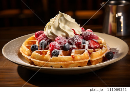 Delicious Belgian Waffles with Blueberries, Raspberries, and Whipped Cream, Copy Space Delicious Belgian Waffles with Blueberries, Raspberries, and Whipped Cream, Copy Space 111069331