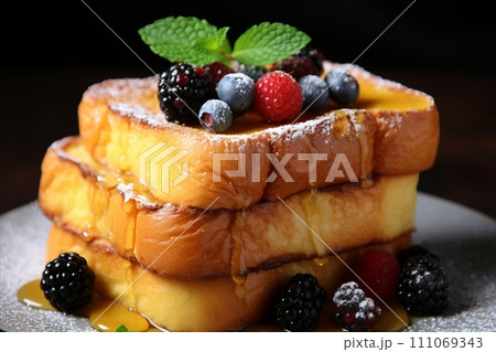 Delicious French Toast Pain Perdu with berries - Traditional Breakfast Meal Cuisine Copy Space Delicious French Toast Pain Perdu with berries - Traditional Breakfast Meal Cuisine Copy Space 111069343