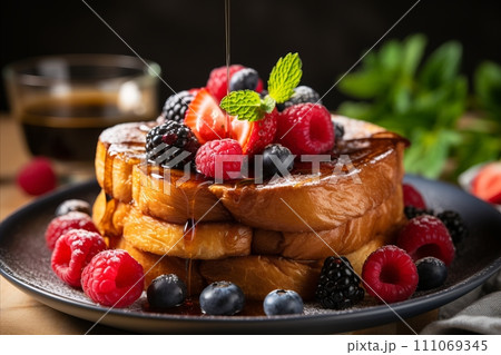 Delicious French Toast Pain Perdu with berries  - Traditional Breakfast Meal Cuisine Copy Space 111069345