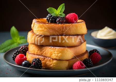 Delicious French Toast Pain Perdu with berries - Traditional Breakfast Meal Cuisine Copy Space Delicious French Toast Pain Perdu with berries - Traditional Breakfast Meal Cuisine Copy Space 111069347