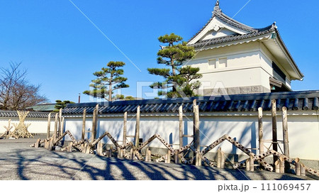 瓦塀の前に置かれた「おかざき宵まいり」の竹灯りと青空に映える岡崎城大手門〈岡崎城公園/愛知県岡崎市〉 111069457