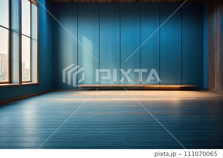 Blue empty wall and wooden floor, Interior background  111070065