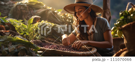 AI-generated content. Woman, farmer worker picking, sorting coffee beans into basket. Coffee plantation, arabica and Robusta coffee sorts 111070066