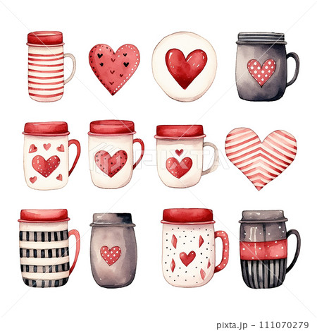 watercolor drawing, set of cute cups and jars with hearts. for Valentine's Day. simple illustration watercolor drawing, set of cute cups and jars with hearts. for Valentine's Day. simple illustration 111070279