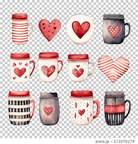 watercolor drawing, set of cute cups and jars with hearts. for Valentine's Day. simple illustration watercolor drawing, set of cute cups and jars with hearts. for Valentine's Day. simple illustration 111070279