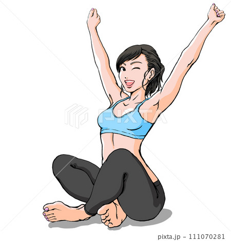 スポーツウェアでバンザイする若い女性_あぐらポーズ_ウィンク 111070281