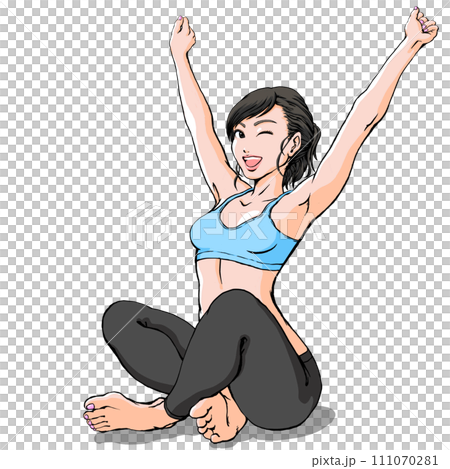 スポーツウェアでバンザイする若い女性_あぐらポーズ_ウィンク 111070281