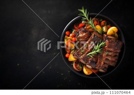 Hot grilled ribs from a summer barbecue, served with fresh tomatoes, potatoes on a plate. 111070464