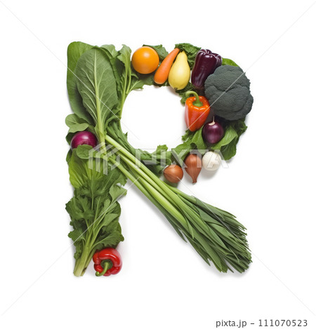 Fruit and vegetable alphabet on a white background, Letter R 111070523