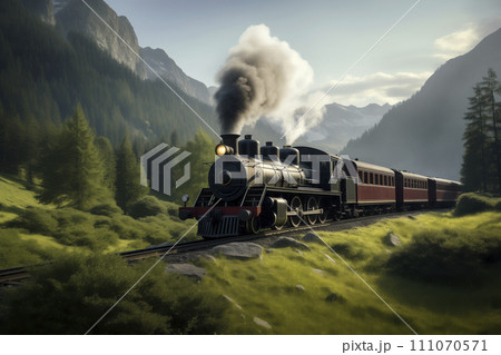 An old passenger locomotive with carriages and a lot of smoke passes through a picturesque mountainous area 111070571
