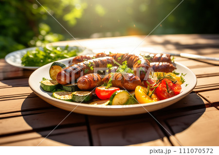 Bavarian sausages and grilled vegetables in a plate on the table. 111070572