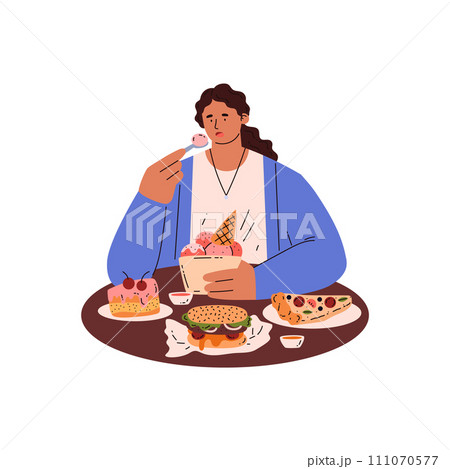 Lady devouring bakery sweets desserts and fast food, cartoon woman eating ice cream, Eating disorder, addiction vector 111070577