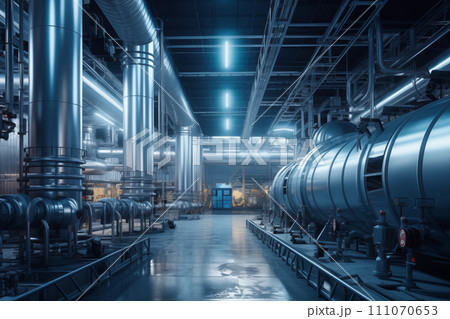 Hydrogen power plant, large steel tanks and pipes inside a production workshop. 111070653
