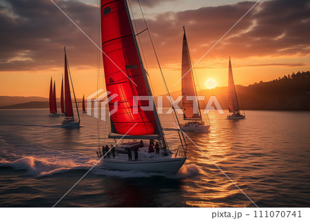 Sailing yachts with red sails at sea at sunset. Sailing yachts with red sails at sea at sunset. 111070741