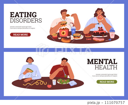 People eating sweets and fast food, other couple eating vegetables salad, eating disorder, mental addiction vector set People eating sweets and fast food, other couple eating vegetables salad, eating disorder, mental addiction vector set 111070757