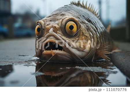 There is a fish lying on the shore that has washed ashore due to water pollution. There is a fish lying on the shore that has washed ashore due to water pollution. 111070776