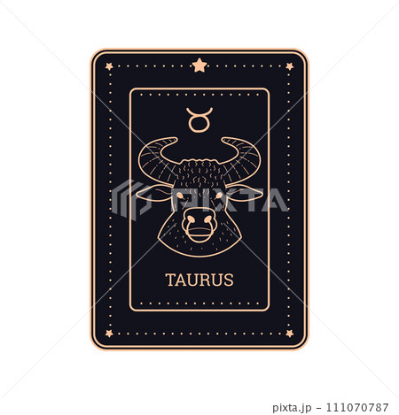 Horoscope black card in line art style with Taurus zodiac sign and symbol golden contour, Astrological outline design 111070787