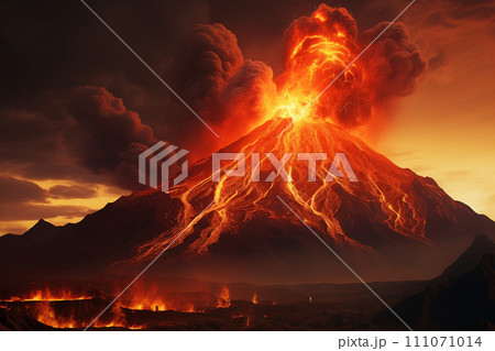 A volcanic eruption releasing lava and ash. A volcanic eruption releasing lava and ash. 111071014