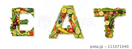 On a white isolated background from the fruit and vegetable alphabet the inscription - EAT 111071040