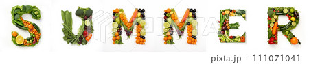 On a white isolated background from the fruit and vegetable alphabet the inscription - summer 111071041
