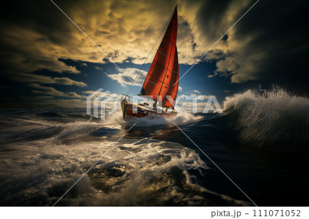 Luxury yacht with red sails at a sailing regatta. 111071052