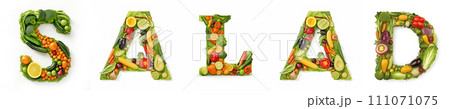 On a white isolated background from the fruit and vegetable alphabet the inscription - salad On a white isolated background from the fruit and vegetable alphabet the inscription - salad 111071075
