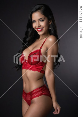 AI-generated content. Beautiful latin young smiling woman model with long black hair in sexy luxury 111071281