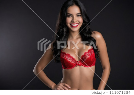 AI-generated content. Beautiful latin young smiling woman model with long black hair in sexy luxury 111071284