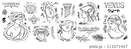 Greek sculpture y2k tattoo sketch set, roman goddess vector statue head doodle drawing ink scribble 111071487
