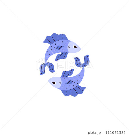 Pisces zodiac symbol, Astrological zodiac vector icon, two blue fishes sticker, Pisces Horoscope sign aquatic animal 111071583