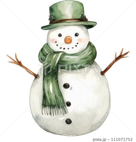Snowman in green hat and green scarf 111071752