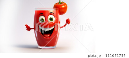 glass of tomato juice with a cheerful face 3D on a white background. glass of tomato juice with a cheerful face 3D on a white background. 111071755