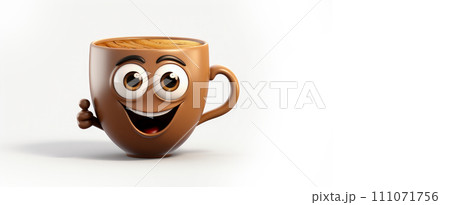 Coffee with a cheerful face 3D on a white background. 111071756