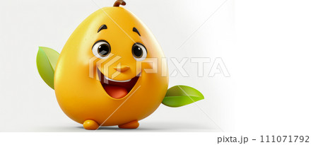 Orange mango with a cheerful face 3D on a white background. Orange mango with a cheerful face 3D on a white background. 111071792
