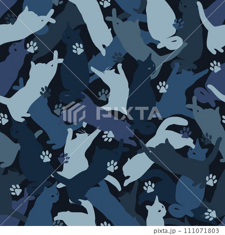 Seamless blue camouflage pattern with silhouettes of jumping, playing, sitting cats, paw print. Flat style Seamless blue camouflage pattern with silhouettes of jumping, playing, sitting cats, paw print. Flat style 111071803