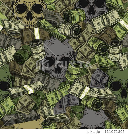 Green khaki camouflage seamless pattern with skull, dollar wads, rolls, stacks. 100 US dollar banknotes. Pile, heap of money. Detailed vintage illustration. 111071805