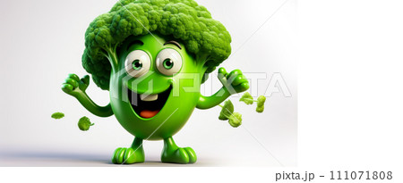 Green broccoli with a cheerful face 3D on a white background. 111071808