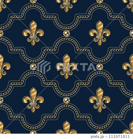 Seamless luxury geometric pattern with jewelry gold chains, beads, Fleur de Li ign. Classic geometric grid ornament. Seamless luxury geometric pattern with jewelry gold chains, beads, Fleur de Li ign. Classic geometric grid ornament. 111071811