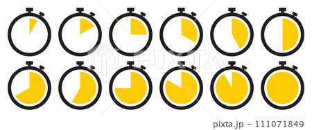 Stopwatch icon set in yellow color. Stopwatch symbol set. Collection of timer icon set in yellow color on white background. Countdown clock stopwatch, timer vector illustation. 111071849