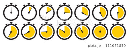 Clock icon set in yellow color. Stopwatch symbol set. Countdown clock stopwatch, timer vector illustation. Collection of timer icon set in yellow color on white background. 111071850