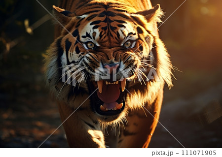 Beautiful and Majestic Tiger Growling and Showing its Anger with Copy Space for Text Beautiful and Majestic Tiger Growling and Showing its Anger with Copy Space for Text 111071905
