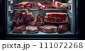 AI-generated content. Raw meat beef steak cuts dry aging on shelves in cold refrigerator. AI-generated content. Raw meat beef steak cuts dry aging on shelves in cold refrigerator. 111072268
