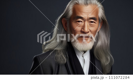Portrait of an elderly handsome Asian senior man old with gray long hair, on a gray background, banner. Portrait of an elderly handsome Asian senior man old with gray long hair, on a gray background, banner. 111072284