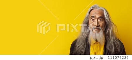 Portrait of an elderly handsome Asian senior man old with gray long hair, on a yellow background, banner. Portrait of an elderly handsome Asian senior man old with gray long hair, on a yellow background, banner. 111072285