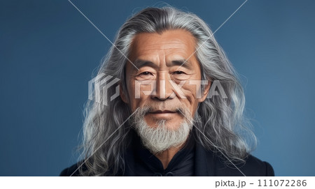 Portrait of an elderly handsome Asian senior man old with gray long hair, on a light blue background, banner. Portrait of an elderly handsome Asian senior man old with gray long hair, on a light blue background, banner. 111072286