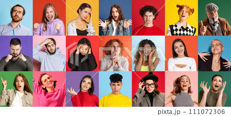 Colorful Mosaic of emotional, young and senior people posing against different colored backgrounds. Beauty and fashion. Colorful Mosaic of emotional, young and senior people posing against different colored backgrounds. Beauty and fashion. 111072306