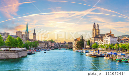 Aerial panorama on the downtown of Zurich at the evening, Switzerland 111072414